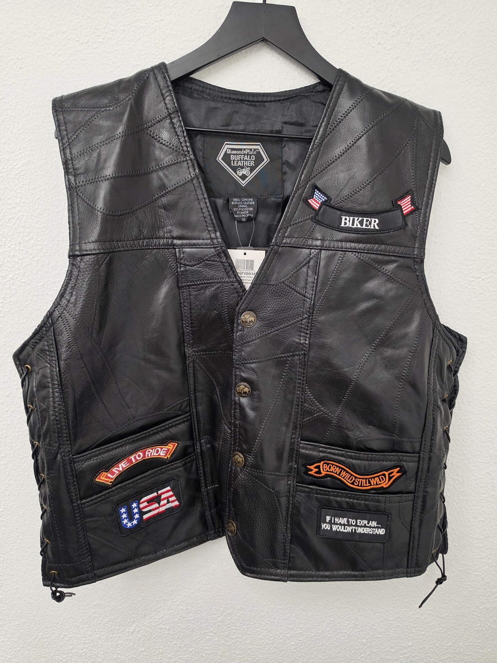 Diamond Plate Buffalo Black Leather Biker Vest with Patch Accents